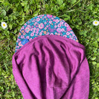 Glückskind Sommerkappe zwetschke mit Blumen limited edition, Merinowolle & Seide (bio/GOTS)