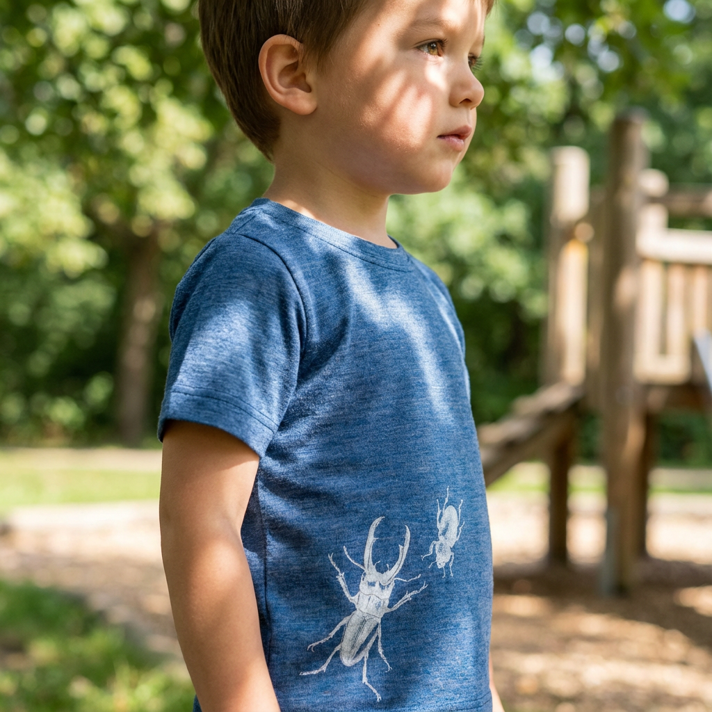 T-Shirt royal blau mit Hirschkäfer, Merinowolle & Seide (bio/GOTS)