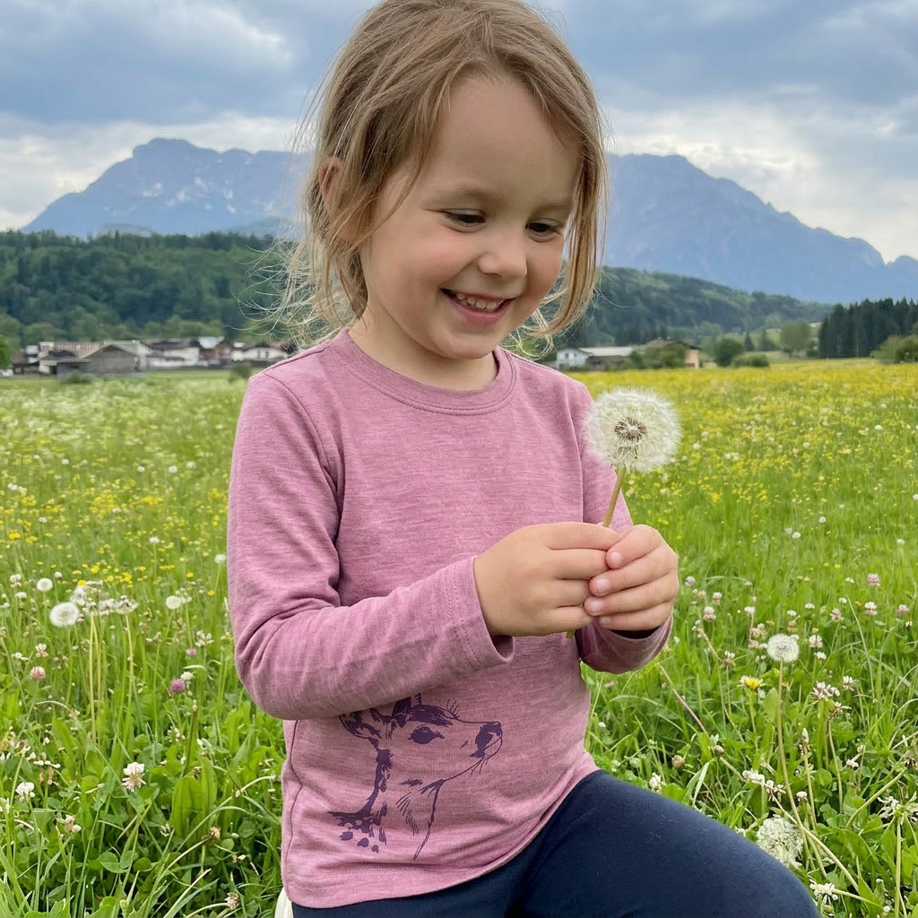 Shirt rosé mit Reh, Merinowolle & Seide (bio/GOTS)