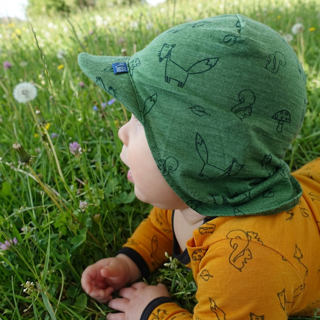 Sommerkappe waldgrün Fuchs, Merinowolle & Seide (bio/GOTS)