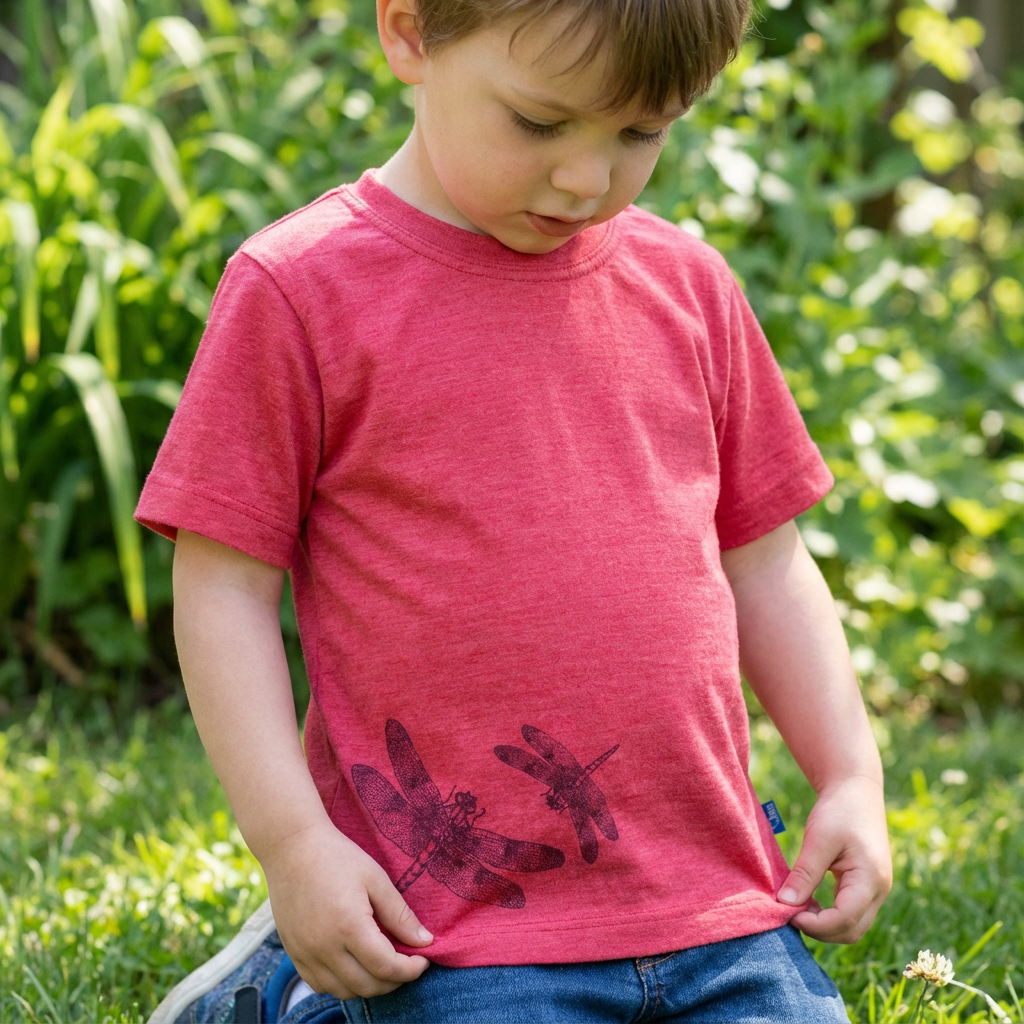 T-shirt raspberry with dragonfly, merino wool &amp; silk (organic/GOTS)