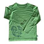 Shirt waldgrün mit Eichhörnchen, Merinowolle & Seide (bio/GOTS)