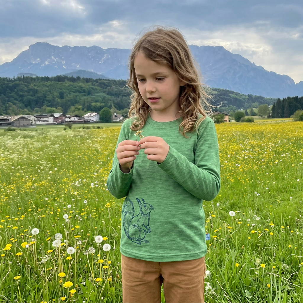 Shirt waldgrün mit Eichhörnchen, Merinowolle & Seide (bio/GOTS)
