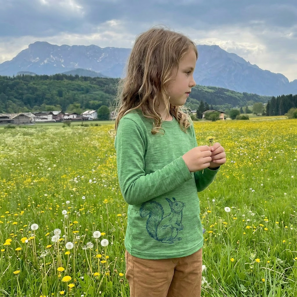 Shirt waldgrün mit Eichhörnchen, Merinowolle & Seide (bio/GOTS)