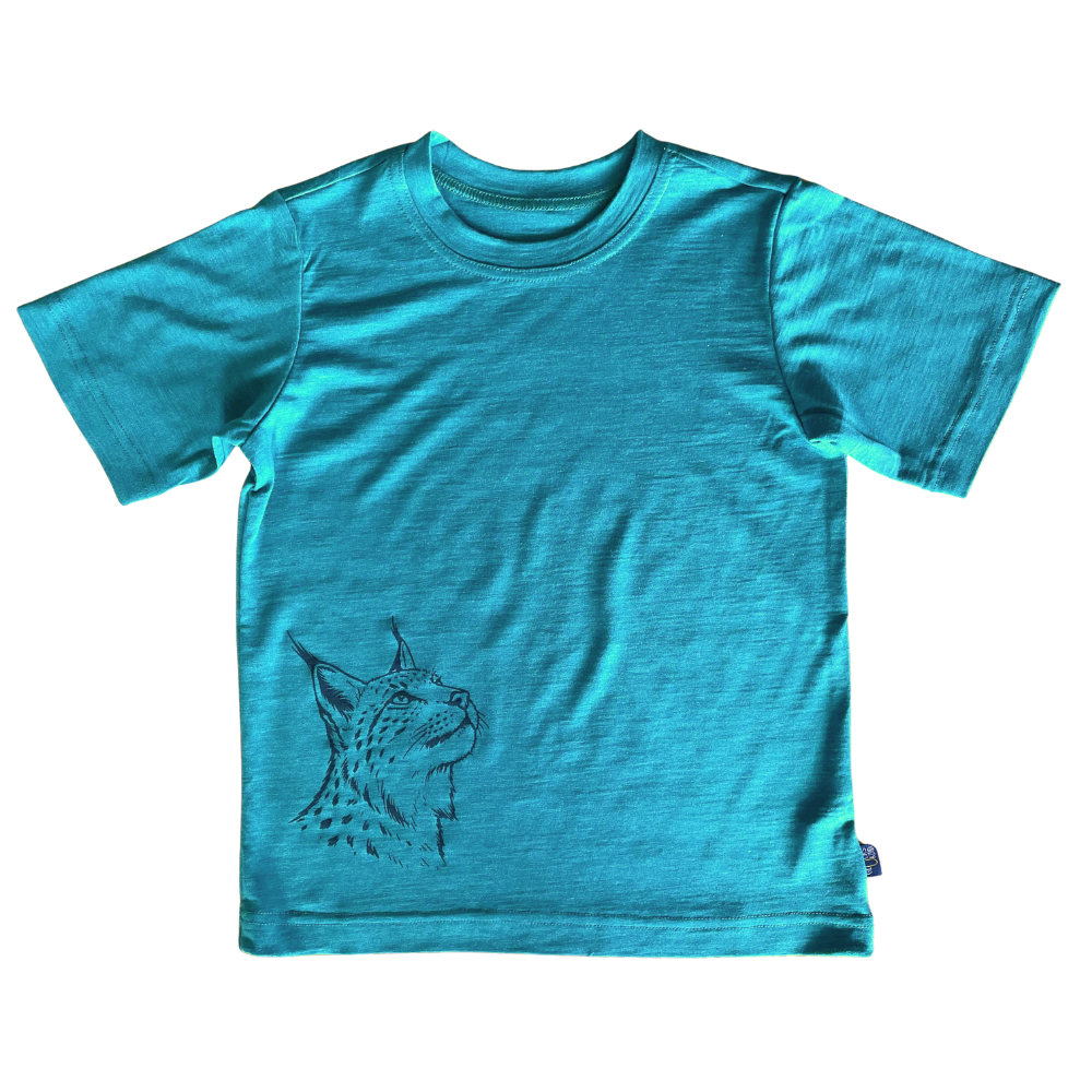 T-Shirt smaragd mit Luchs, Merinowolle & Seide (bio/GOTS)