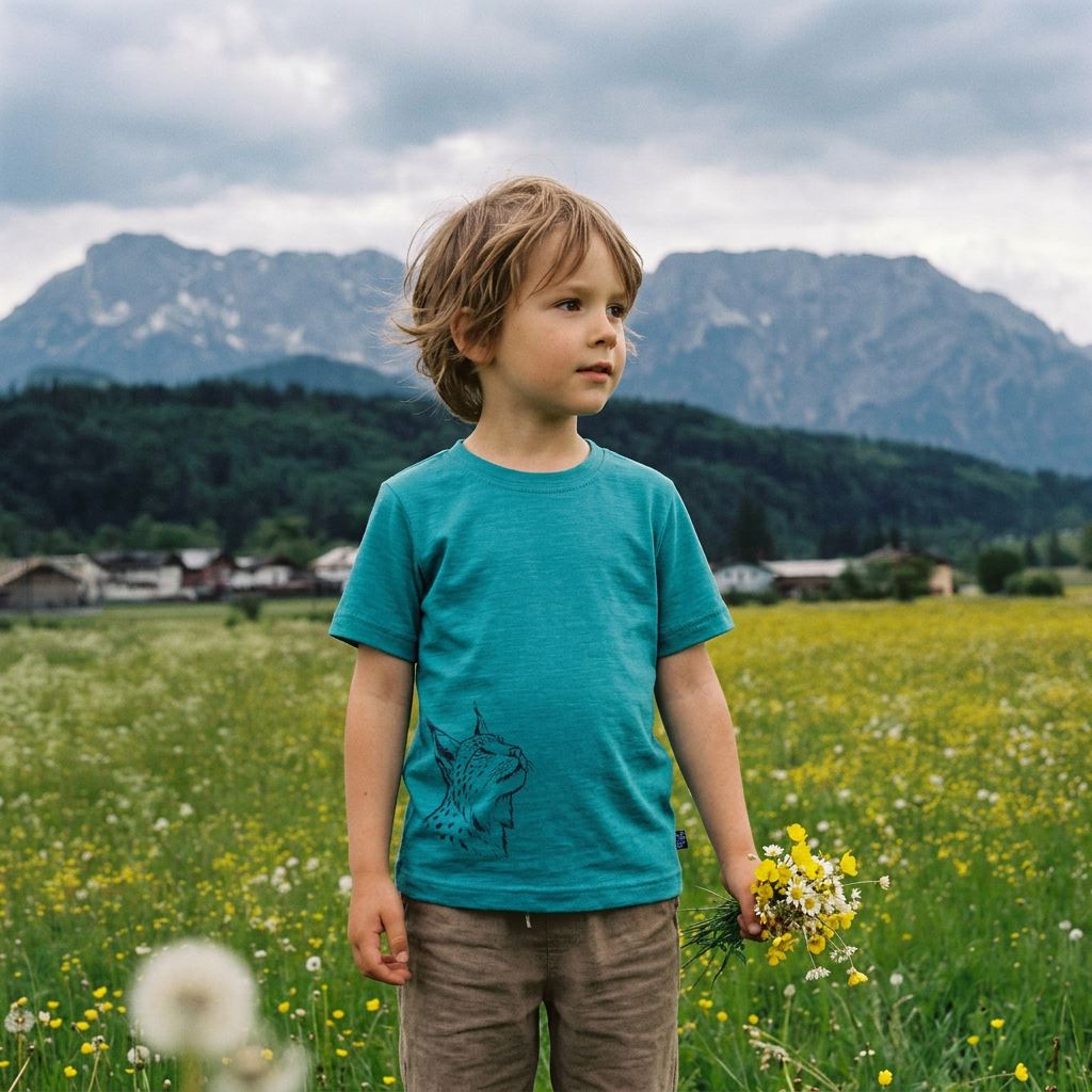 T-Shirt smaragd mit Luchs, Merinowolle & Seide (bio/GOTS)